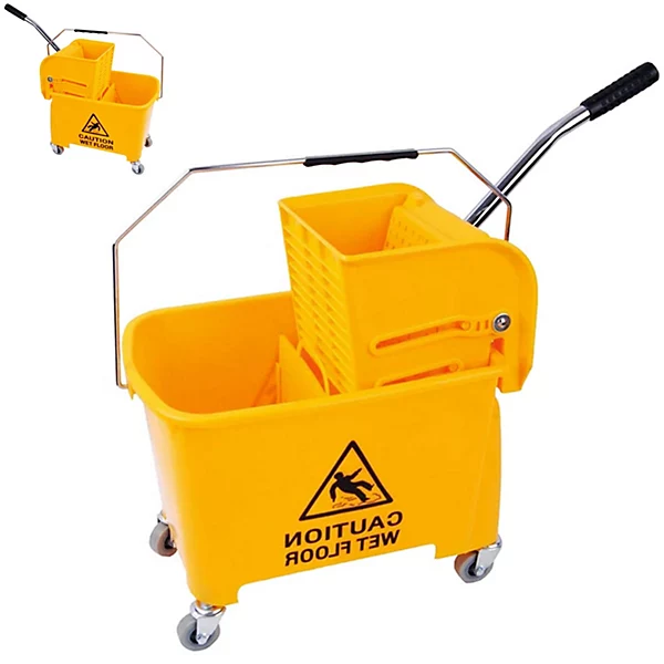 1x Yellow Wet Floor 20 Litre Strong Durable Kentucky Dual Bucket & Wringer Floor Cleaning System With Wheels & Handle