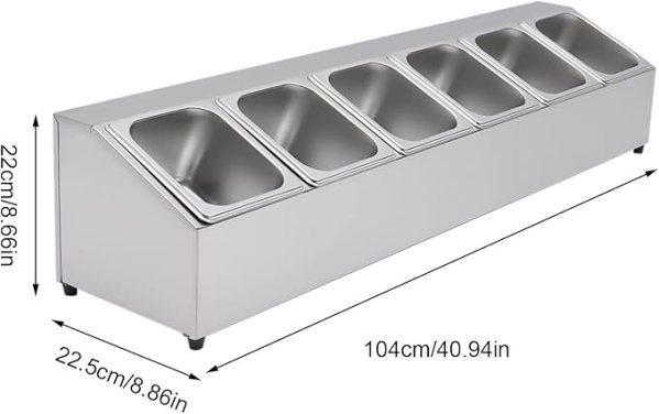 Stainless Steel Condiment Holder, 6 Compartment Salad Bar, Pizza Topping Station with Lids, Seasoning Box, Spice Containers, Food Containers for Restaurants, Hot Pot Shops, Milk Tea Shops, Fruit Shops