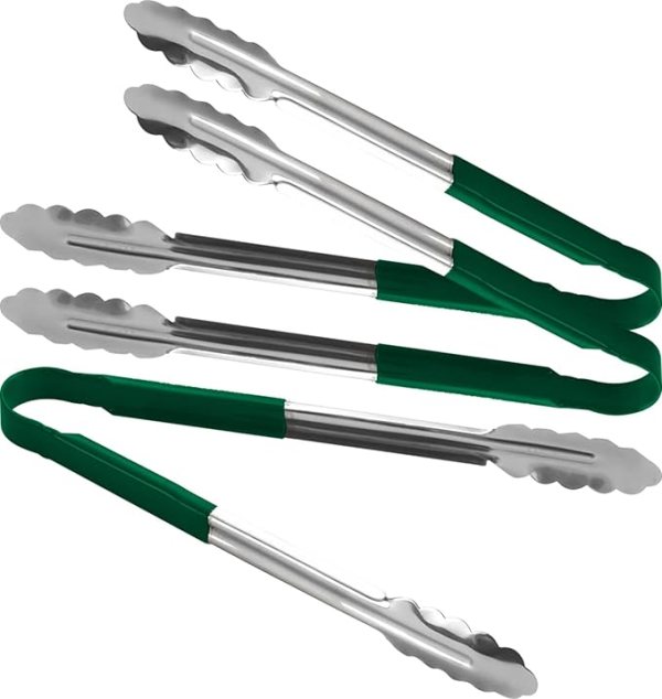 3X  Professional Stainless Steel Cooking Tongs Set (15", Green)