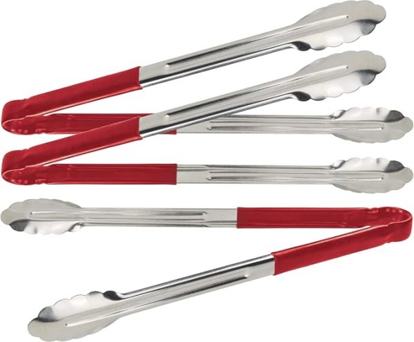 3X  Professional Stainless Steel Cooking Tongs Set (12", Red)