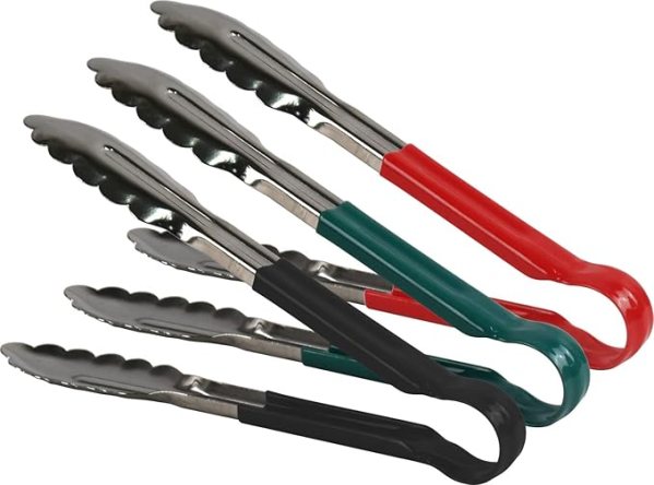 3pc Professional 9" (23cm) Stainless Steel Food Tongs Set (Red Green Black)
