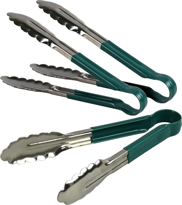 3X  Professional Stainless Steel Food Tongs Set (9", Green)