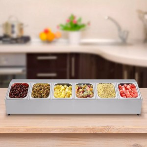 Stainless Steel Condiment Holder, 6 Compartment Salad Bar, Pizza Topping Station with Lids, Seasoning Box, Spice Containers, Food Containers for Restaurants, Hot Pot Shops, Milk Tea Shops, Fruit Shops